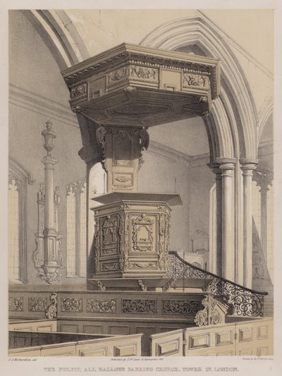 El púlpito, Iglesia All Hallows Barking, Tower Street, Londres de Charles James Richardson