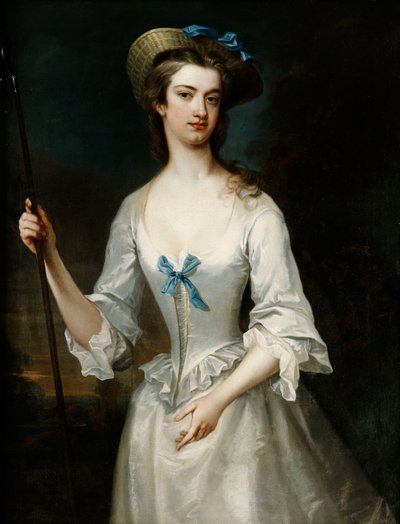 Retrato de una dama, posiblemente la duquesa de Ancaster, tres cuartos de longitud, como pastora, con un vestido de satén blanco y un sombrero, en un paisaje de Charles Jervas
