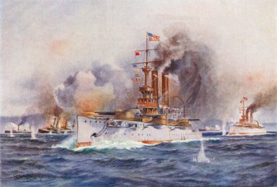 Destrucción de la flota española frente al puerto de Santiago (litografía en color) de Charles John de (after) Lacy