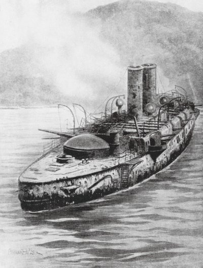 El crucero blindado español Oquendo tras el combate naval de 1898 (litografía) de Charles John de (after) Lacy