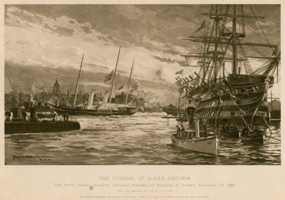 El funeral de la Reina Victoria. El yate real Alberta, llevando el cuerpo de la Reina, entrando en el puerto de Portsmouth al atardecer de Charles John de (after) Lacy