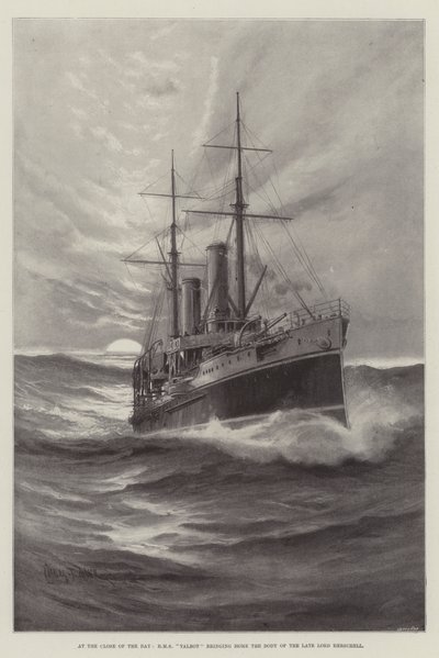 Al final del día, HMS Talbot trayendo el cuerpo del difunto Lord Herschell de Charles John de Lacy