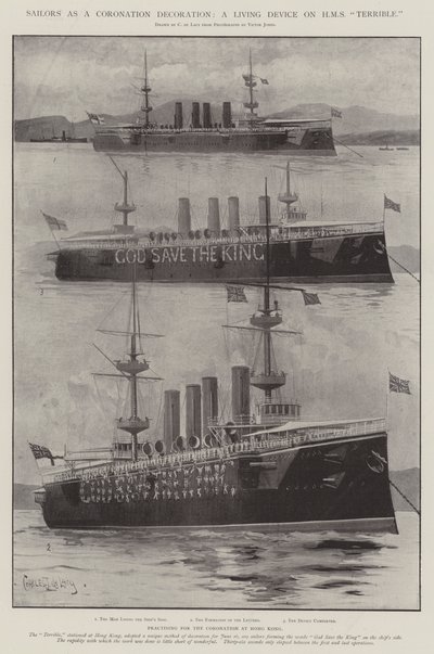 Marineros como decoración de coronación, un dispositivo viviente en el HMS Terrible de Charles John de Lacy