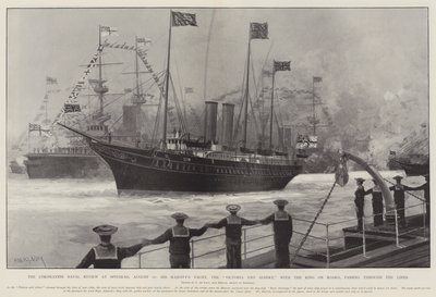 La Revisión Naval de la Coronación en Spithead, 16 de agosto, el Yate de Su Majestad, el Victoria y Albert, con el Rey a Bordo, pasando por las Líneas de Charles John de Lacy