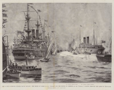 Revisión naval del jubileo de diamante de la reina, la Cámara de los Lores (en el Danubio) y la Cámara de los Comunes (en el Campania) pasando por las líneas de acorazados de Charles John de Lacy