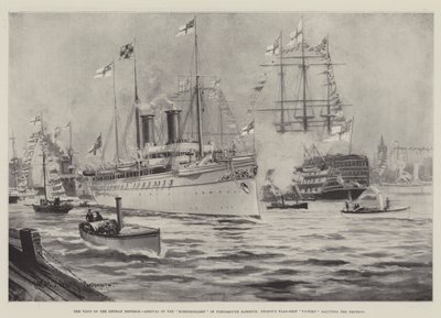 La Visita del Emperador Alemán, Llegada del Hohenzollern al Puerto de Portsmouth, el Buque Insignia de Nelson Victory saludando al Emperador de Charles John de Lacy