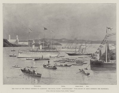 La visita del emperador alemán a Palestina, el yate real Hohenzollern con escolta de barcos entrando en el Bósforo de Charles John de Lacy