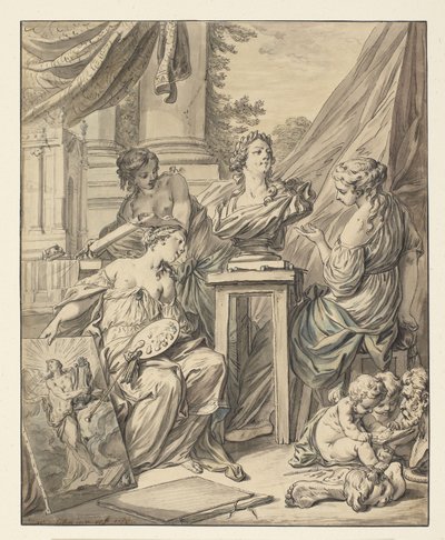 Las Bellas Artes personificadas por tres mujeres en celebración de su reconocimiento para Luis XV, 1753 de Charles Joseph Dominique Eisen