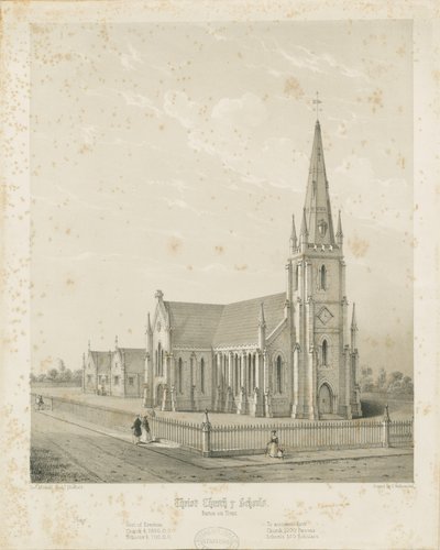 Burton-upon-Trent - Iglesia de Cristo y escuelas: grabado, nd [1789-1850] de Charles Joseph Hullmandel