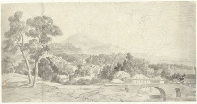 Paisaje con un pueblo cerca de un puente de Charles Joseph Natoire (attributed to)