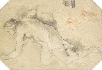 Una joven desnuda sentada de perfil a la izquierda, levantando el brazo izquierdo, y dos estudios subsidiarios de su mano izquierda de Charles Joseph Natoire