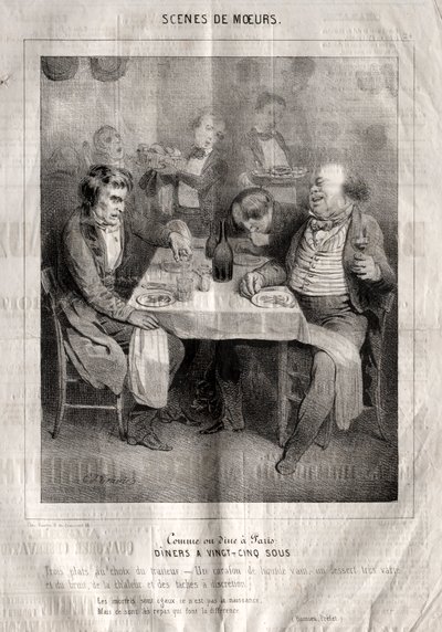 Escenas de costumbres: Cómo se cena en París. Cenas a veinticinco sous. Tres platos a elección del proveedor... de Charles Joseph Traviès de Villers