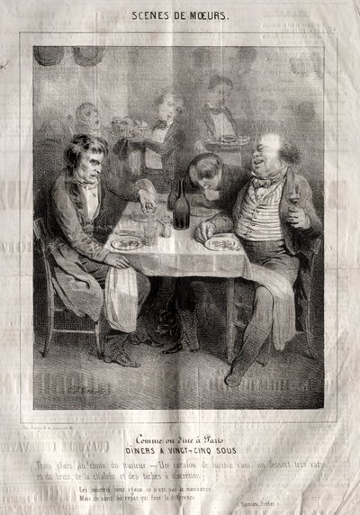 Escenas de costumbres: Cómo se cena en París. Cenas a veinticinco sous. Tres platos a elección del proveedor de Charles Joseph Traviès de Villers