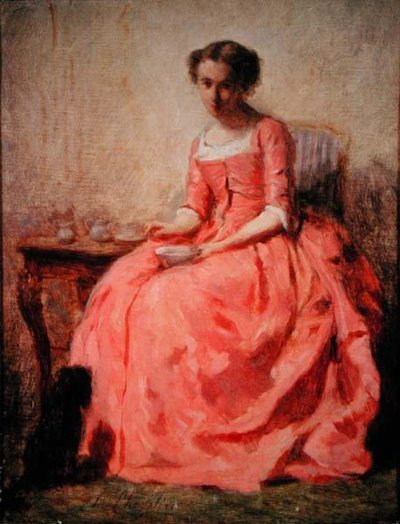 Niña con vestido rosa en una mesa de Charles Joshua Chaplin