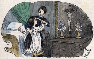 La señal de la cruz. en "Todo eignement religioso - Creo en los dioses", sd., ilustración de finales del siglo XIX de Jouvenot. Biblioteca de catecismos. París. Colección Leemage de Charles Jouvenot