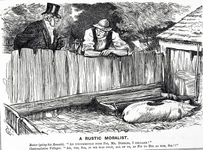 Viñeta titulada "Un moralista rústico" que representa a un rector, un aldeano y un cerdo de una fineza poco común. de Charles Keene