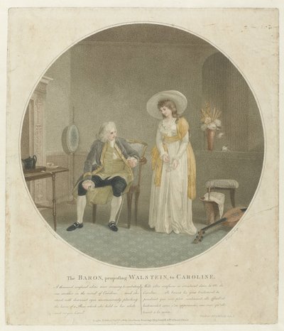 mujer con una rosa blanca y un hombre en una silla El Barón, proponiendo Walstein, a Caroline (título sobre objeto) de Charles Knight