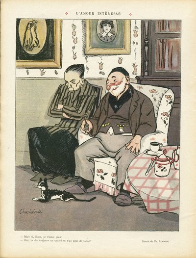 Ilustración de Chas-Laborde (1886-1941) en Le Rire, 05/04/13 - El amor interesa - Amor, Fumar, Arquitectura interior, Gastronomía cocinero, Tercera edad, Tabaco - Gato de Charles Laborde