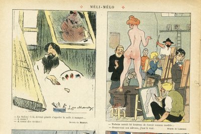 Ilustración de Chas-Laborde (1886-1941) en Le Rire, 21/03/08 - Meli-Melo - Arte, Enseñanza, Desnudez - Modelo (que posa) de Charles Laborde
