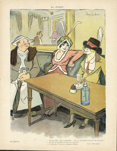 Ilustración de Chas-Laborde (1886-1941) en Le Smile, no 9, 27/02/13 - Negocios - Restaurantes Cafés, Moda, Sombrero - Codicia, Avaricia - Mujeres de Charles Laborde