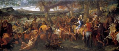 Alejandro y Porus. En 327 a.C., Alejandro Magno continuó su conquista hacia el Valle del Indo. En 326 a.C., derrotó a Puru (o Poros, rey de la tribu Paurava en el siglo IV a.C.) y su ejército de elefantes de guerra en la Batalla de Hidaspes de Charles Le Brun
