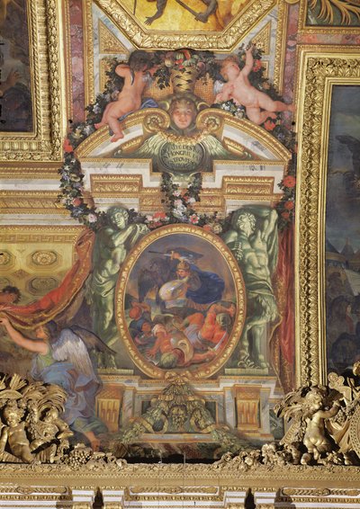Derrota de los turcos en Hungría por las tropas del rey en 1664, pintura del techo de la Galerie des Glaces de Charles Le Brun