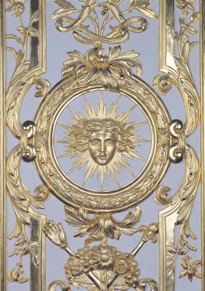 (Detalle) del panelado que representa el emblema de Luis XIV 1638-1715 del Salón de Venus, 1668 de Charles Le Brun