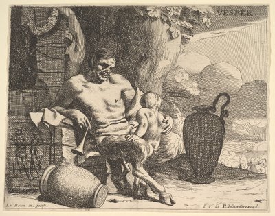 Tarde: un sátiro sentado abraza a su hijo, una figura cuelga una guirnalda en un pilar más allá, ca. 1640 de Charles Le Brun