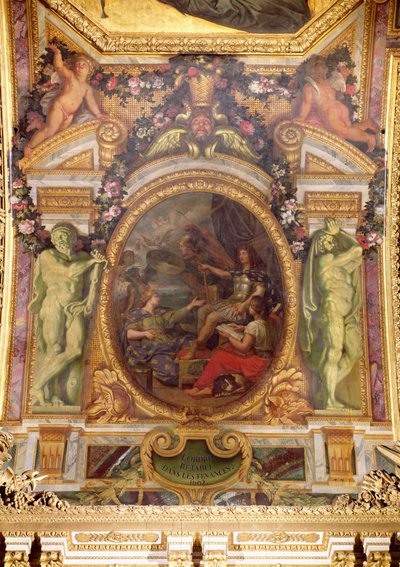 Orden financiero recuperado en 1662, pintura del techo de la Galería de los Espejos de Charles Le Brun