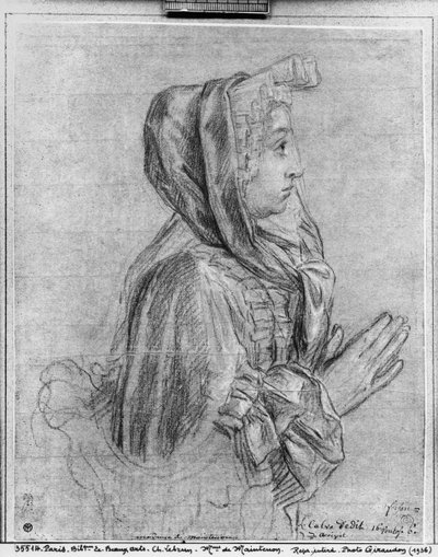 Perfil de medio cuerpo de una mujer con las manos entrelazadas, conocida como Madame de Maintenon de Charles Le Brun