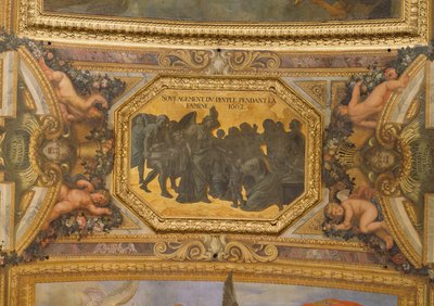 Ayudando a la gente durante la hambruna de 1662, pintura del techo de la Galerie des Glaces de Charles Le Brun