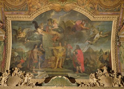 El Rey Luis XIV (1638-1715) da órdenes para atacar simultáneamente cuatro de las posiciones holandesas más fuertes en 1672, pintura en el techo de la Galerie des Glaces de Charles Le Brun