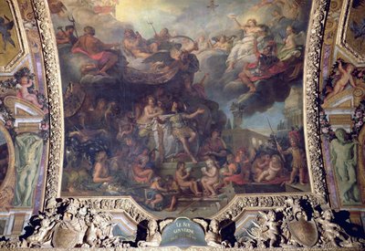 El rey Luis XIV (1638-1715) gobernando solo en 1661, pintura del techo de la Galería de los Espejos de Charles Le Brun