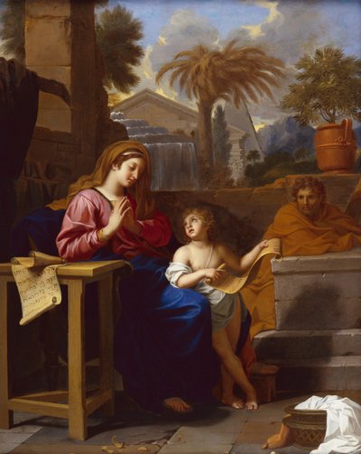 La Sagrada Familia en Egipto con el Niño Cristo leyendo una escritura hebrea de Charles Le Brun