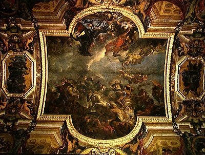 Vista del Rey tomando Maastricht en trece días en 1673 y el paso sobre el Rin en presencia de los enemigos en 1672, pintura del techo de la Galerie des Glaces de Charles Le Brun