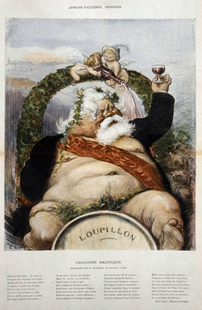 Armand Fallières, viticultor: caricatura de Fallières en Baco - en “le Rire” de Oct 1906 de Charles Leandre