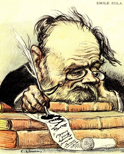 Viñeta de Emile Zola (1840-1902) escribiendo, visiblemente falto de inspiración - Ilustración de Charles Leandre en "El Rire" de Charles Leandre