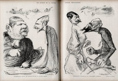 Caso Dreyfus - Los actores de la gran comedia dreyfusiana - el abogado Fernand Labori (1860-1917) - el abogado Louis Leblois (1854-1928) - el comandante Ferdinand Walsin Esterhazy (1847-1923) - el general Georges Picquart (1854-1914) - Caricatura de Charle de Charles Leandre