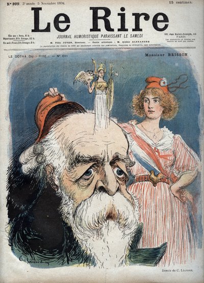Eugène Henri Brisson (1835-1912), abogado, periodista y político francés - Marianne levanta un gorro rojo de la cabeza de Brisson y de su cabeza parece surgir la diosa Atenea con todos sus atributos - caricatura de Charles Leandre (1862-1934) en 