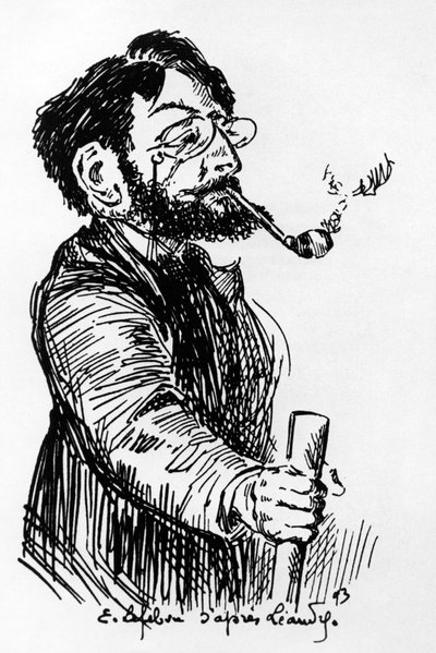 Henri Riviere (1864-1951) artista y diseñador francés (teatro de sombras en el Cabaret Le Chat Noir), dibujo de E. Lefebvre después de Leandre de Charles Leandre