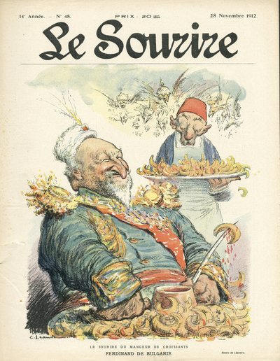 Ilustración de Charles Leandre (1862-1934) para la Portada de Le Smile, No. 48, 28/11/12 - La sonrisa del comedor de croissants - Turquía, Oriente, Balcanes, Bulgaria - Fernando de Bulgaria de Charles Leandre