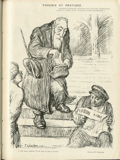 Ilustración de Charles Leandre (1862-1934) en Le Rire, 31/12/21 - Teoría y práctica - Premio Nobel - Lenin, Francia Anatole de Charles Leandre