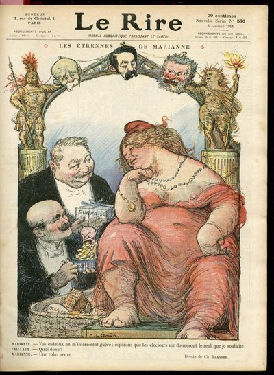 Ilustración de Charles Leandre (1862-1934) para la portada de Le Rire, 03/01/14 - Les étrennes de Marianne - Tribuno - Clemenceau George, Jaurès Jean, Briand Aristide, Marianne, Caillaux Joseph (1863-1944) de Charles Leandre