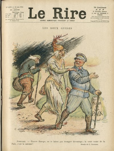 Ilustración de Charles Leandre (1862-1934) para la portada de Le Rire, 24/06/22 - Los dos guías - Inglaterra Gran Bretaña, Europa, Presidente de la República, Paz, Sombrero - Poinsare Raymond, David Lloyd George (1863-1945) de Charles Leandre