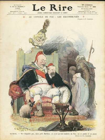 Ilustración de Charles Leandre (1862-1934) para la portada de Le Rire, 25/10/13 - En el Consejo de Pau: los excomulgados - Religión Fe, Presidente de la República, Sombrero, Sillón (símbolo de poder) - Combes Emile (1835-1921), Marianne, Poincare Raymond de Charles Leandre