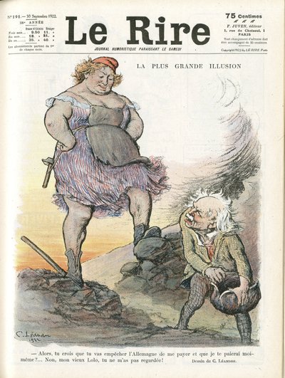 Ilustración de Charles Leandre (1862-1934) para la portada de Le Rire, 30/09/22 - La mayor ilusión - Alemania Prusia, Inglaterra Gran Bretaña, Reparaciones - Marianne, David Lloyd George (1863-1945) - Trivialidad de Charles Leandre
