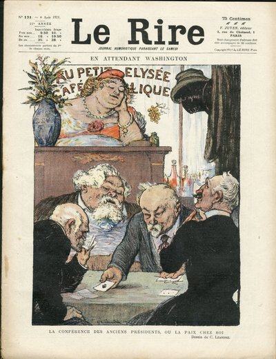 Ilustración de Charles Leandre (1862-1934) en Le Lire, 06/08/21 - Mientras tanto en Washington - Elecciones, Presidente de la República - Marianne, Fallieres Armand, Poinsare Raymond, Deschanel Paul - Juego de cartas de Charles Leandre