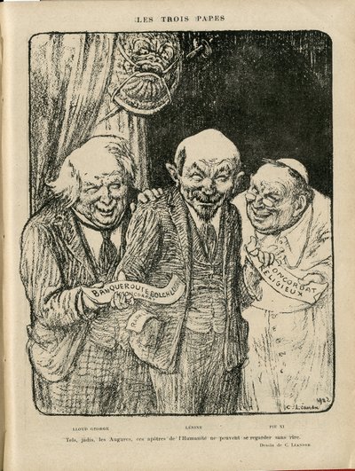 Ilustración de Charles Leandre (1862-1934) en Le Rire, 03/06/22 - Los Tres Papas - Inglaterra Gran Bretaña, U.S.R., Verificar fechas, Reichstag - Lenin, Lloyd George, Pío XI de Charles Leandre