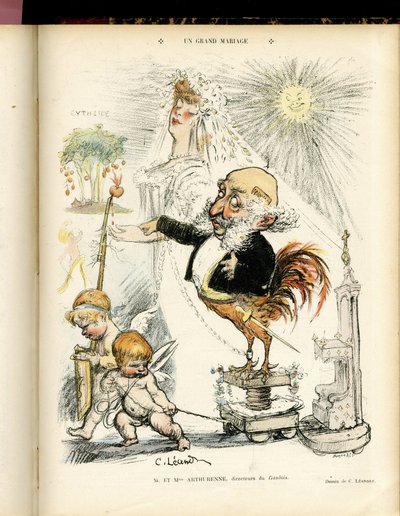 Ilustración de Charles Leandre (1862-1934) en Le Rire, 22/10/04 - Un gran matrimonio - Matrimonio - Coq, Meyer Arthur - Animalización de Charles Leandre