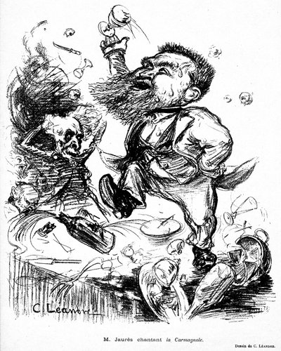Jean Jaurès bailando y cantando Carmagnole en una mesa de banquete (presumiblemente borracho) imagen en Le Rire n°105 de noviembre 7 de Charles Leandre
